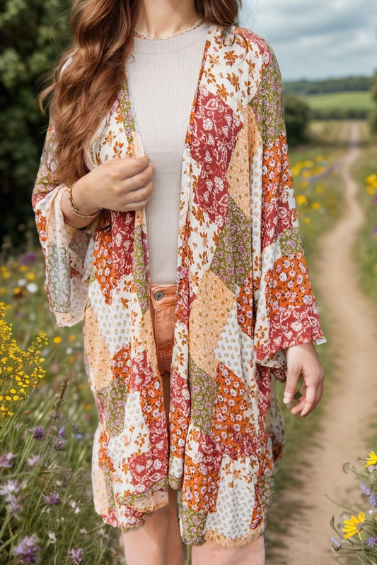 Printed Open Front Long Sleeve Cover-Up-Angel Casuals