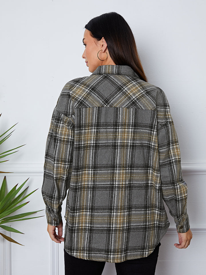 Plaid Snap Down Long Sleeve Shacket-Angel Casuals