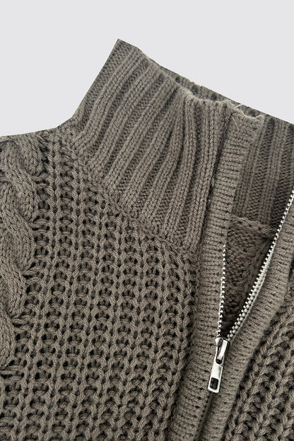 Cable-Knit Striped Quarter Zip Turtleneck Sweater-Angel Casuals