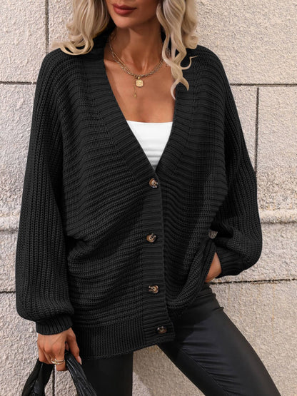 Button Down Horizontal-Ribbing Longline Cardigan-Angel Casuals