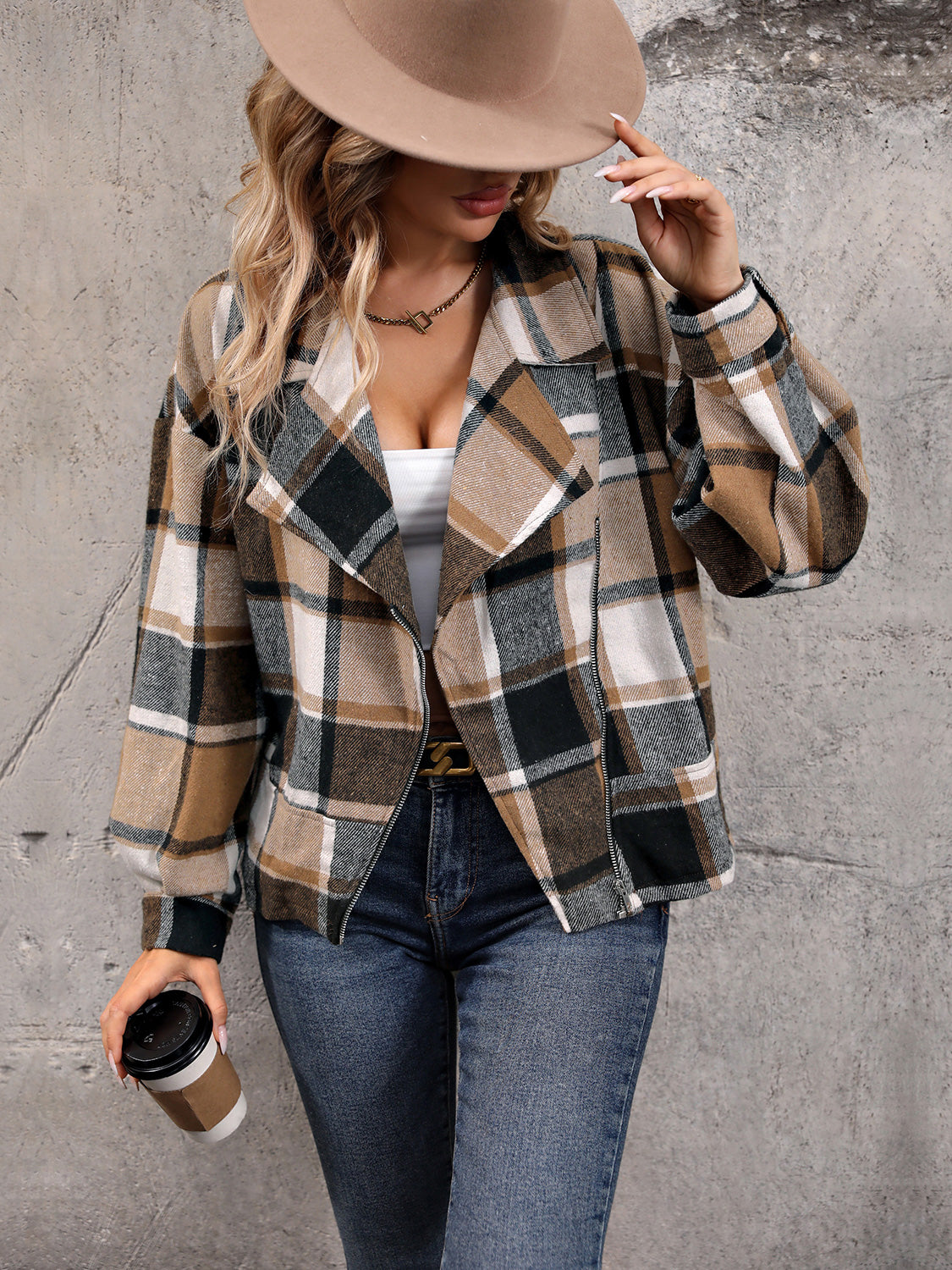 Perfee Plaid Collared Neck Long Sleeve Jacket-Angel Casuals