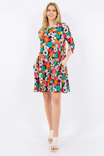 Celeste Full Size Floral Three-Quarter Sleeve Dress with Pockets-Angel Casuals