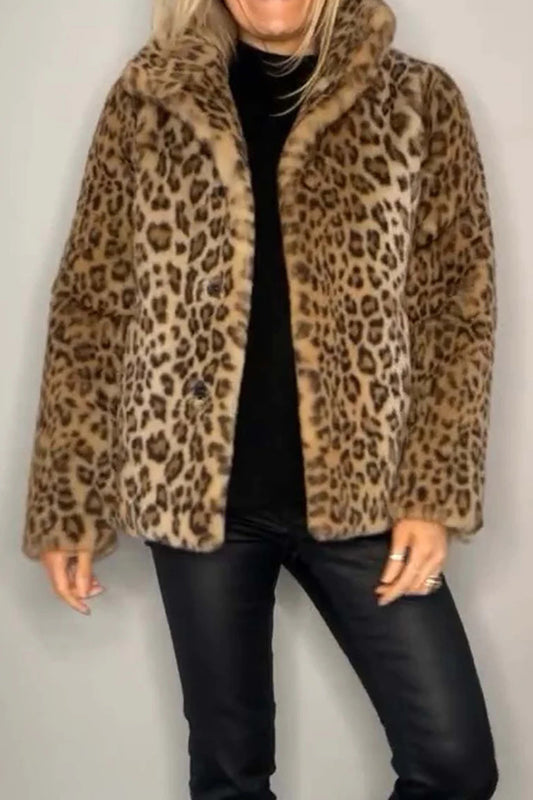 Full Size Leopard Furry Collared Neck Long Sleeve Coat-Angel Casuals