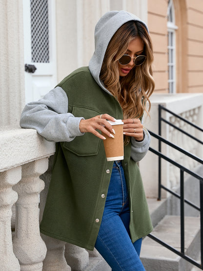 Pocketed Contrast Snap Down Hooded Jacket-Angel Casuals