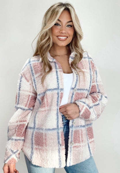 Plaid Button Up Collared Neck Sherpa Jacket-Angel Casuals