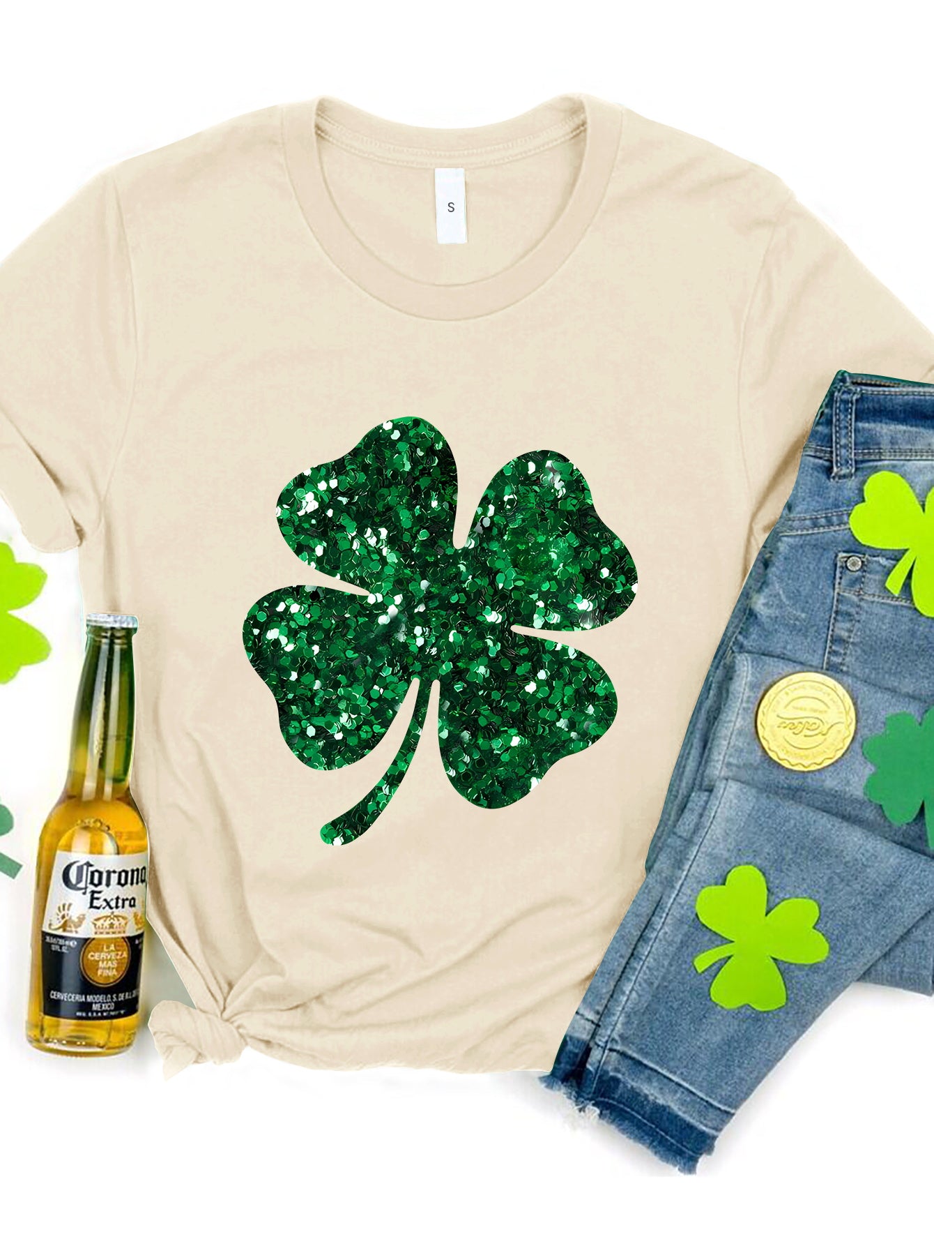 Lucky Clover Round Neck T-Shirt-Angel Casuals