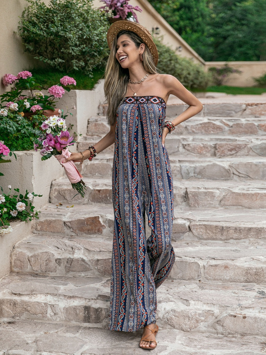 Tied Printed Tube Wide Leg Jumpsuit-Angel Casuals