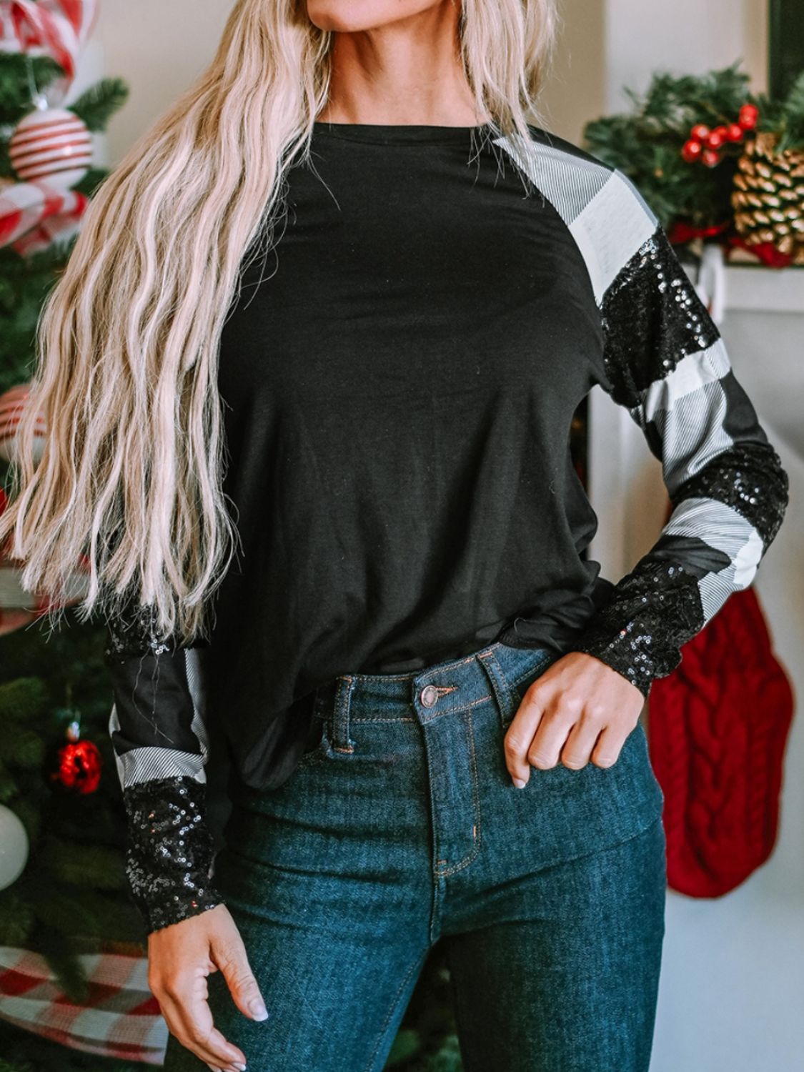 Plaid Sequin Long Sleeve Round Neck T-Shirt-Angel Casuals