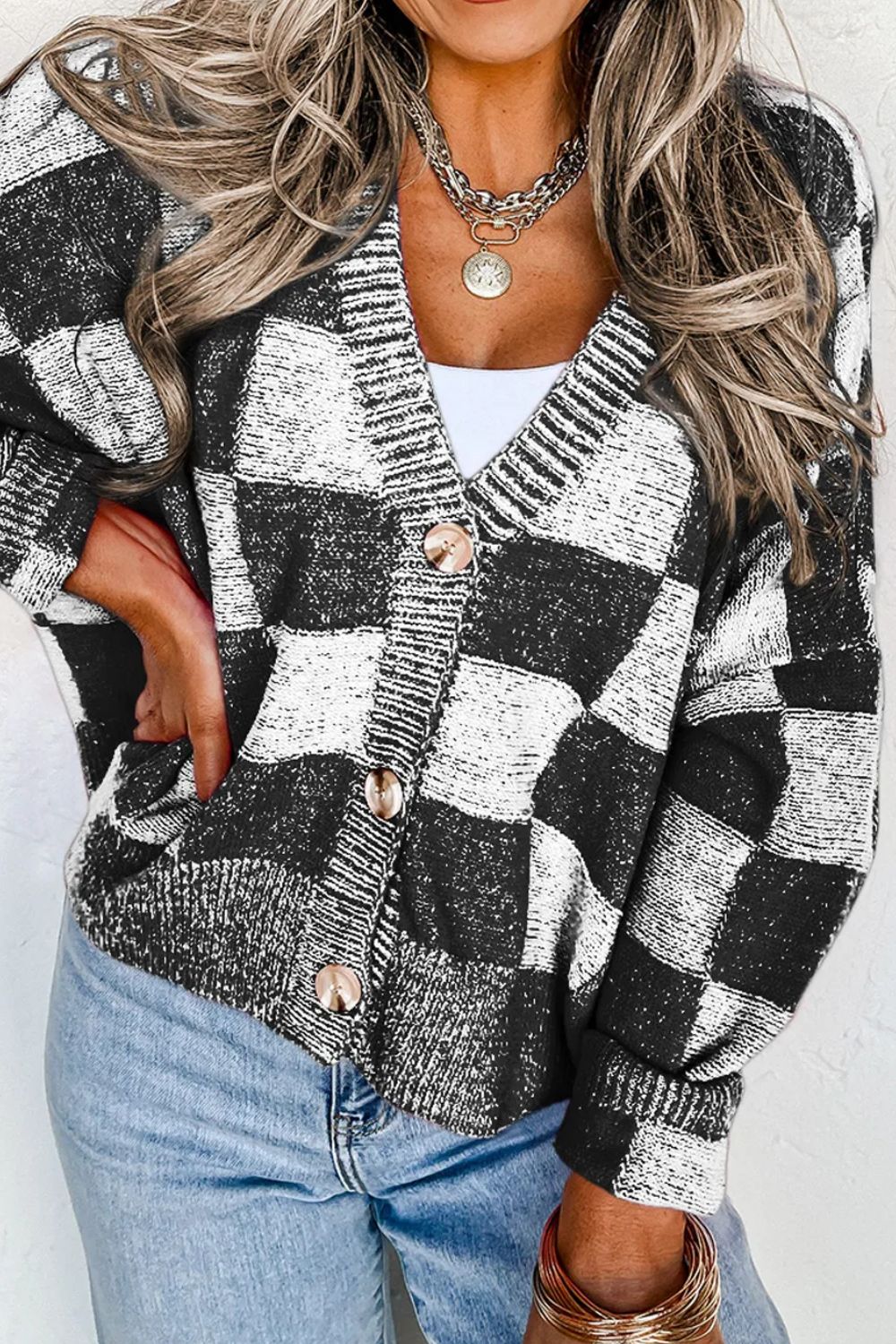 Checkered Button Up Long Sleeve Cardigan-Angel Casuals