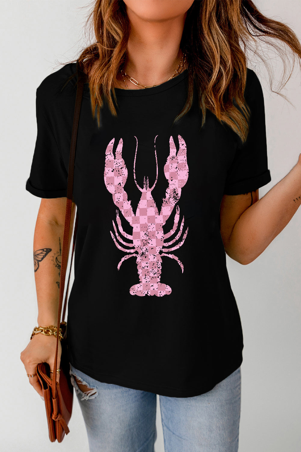 Checkered Lobster Graphic Round Neck Short Sleeve T-Shirt-Angel Casuals