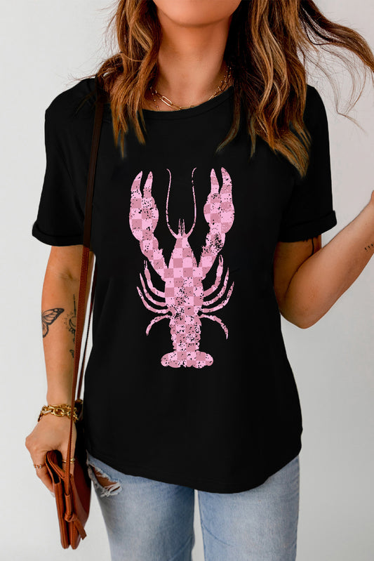 Checkered Lobster Graphic Round Neck Short Sleeve T-Shirt-Angel Casuals