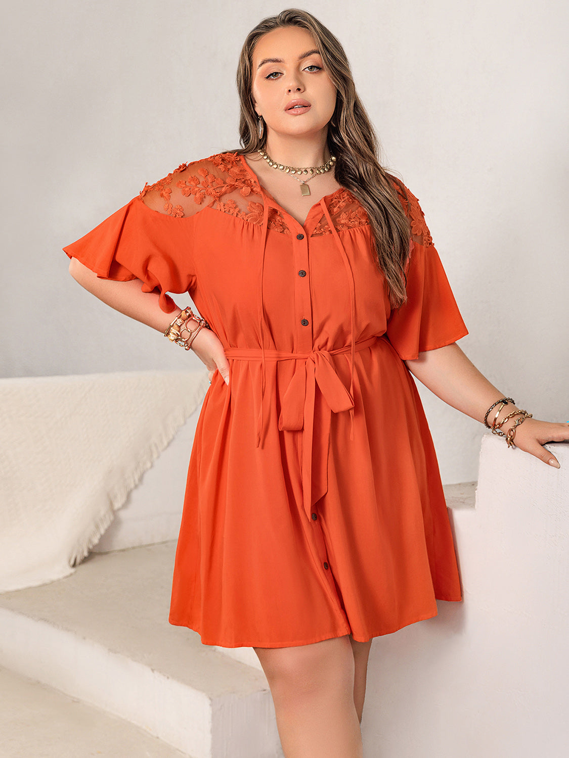 Plus Size Lace Button Up Half Sleeve Dress-Angel Casuals