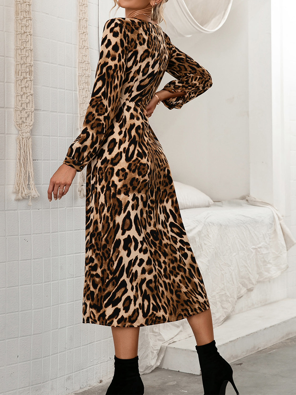 Leopard Button Down V-Neck Dress-Angel Casuals