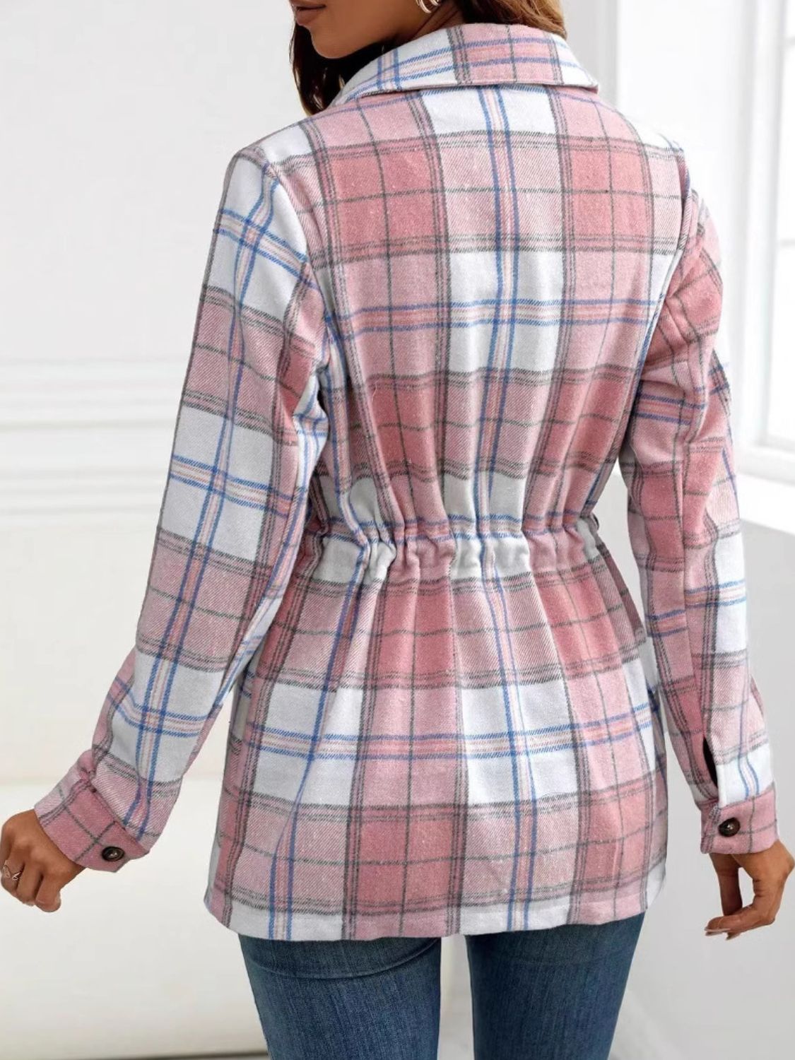 Drawstring Plaid Button Up Jacket with Chest Pockets-Angel Casuals