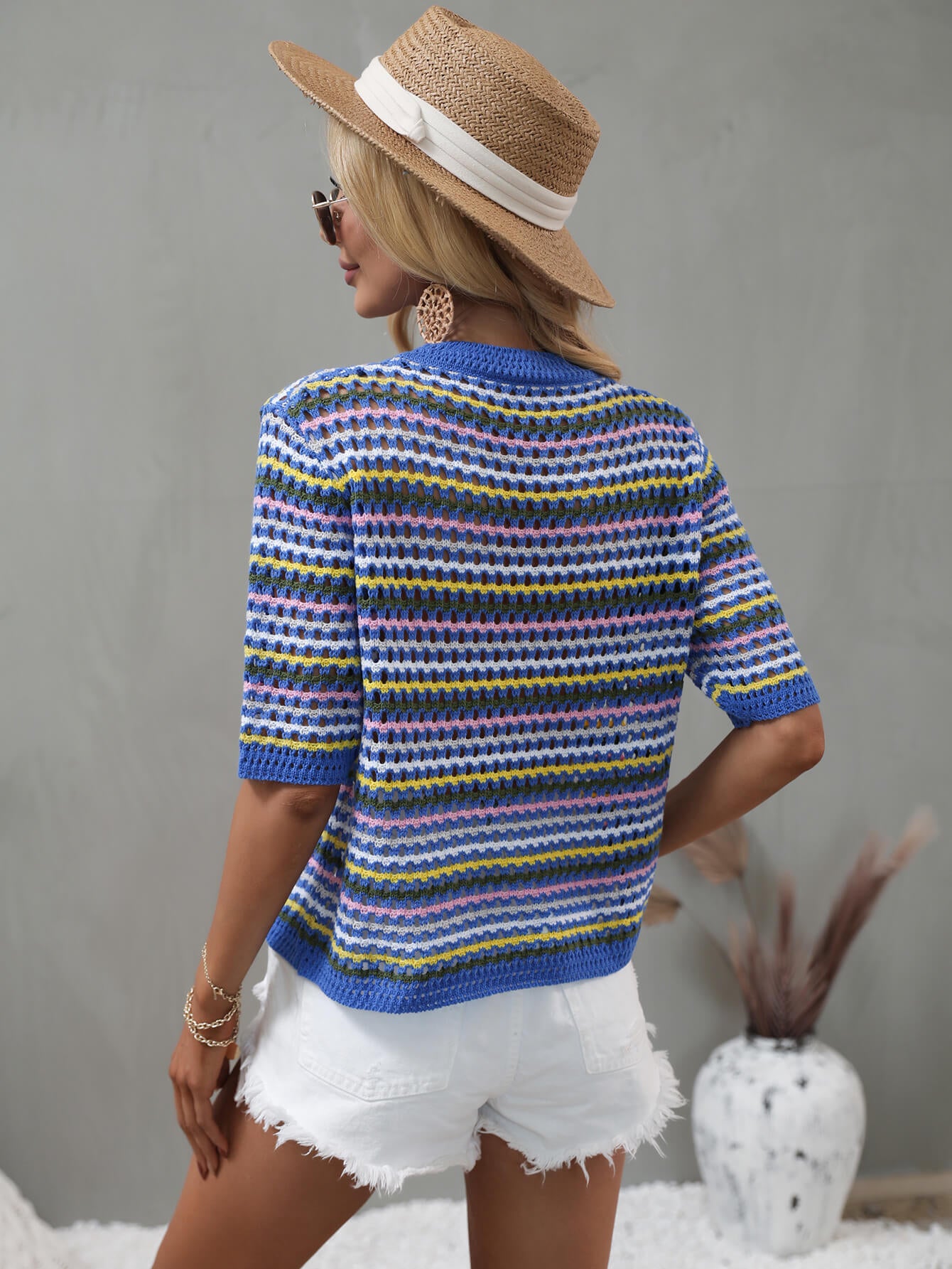 Striped Openwork Half Sleeve Knit Top-Angel Casuals