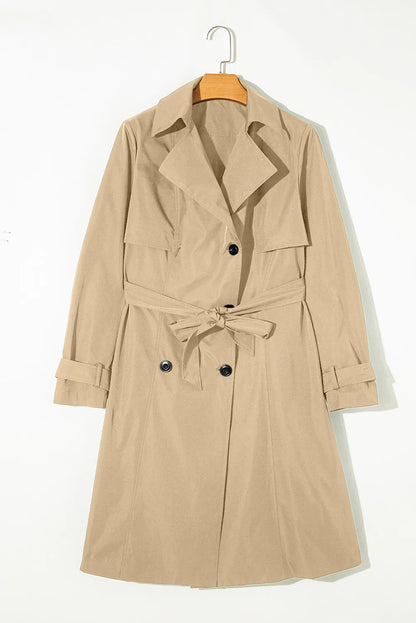Collared Neck Tie Waist Buttoned Long Sleeve Trench Coat-Angel Casuals