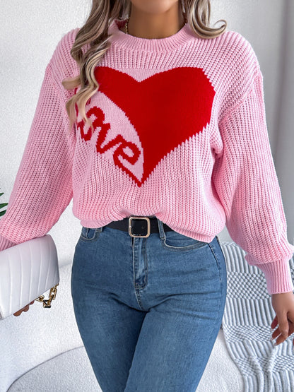 LOVE Heart Round Neck Dropped Shoulder Sweater-Angel Casuals