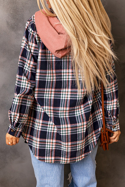 Plaid Drawstring Hooded Jacket with Pockets-Angel Casuals