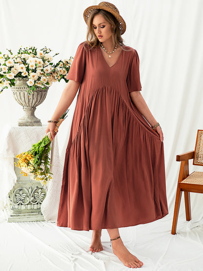 Plus Size V-Neck Flutter Sleeve Midi Dress-Angel Casuals