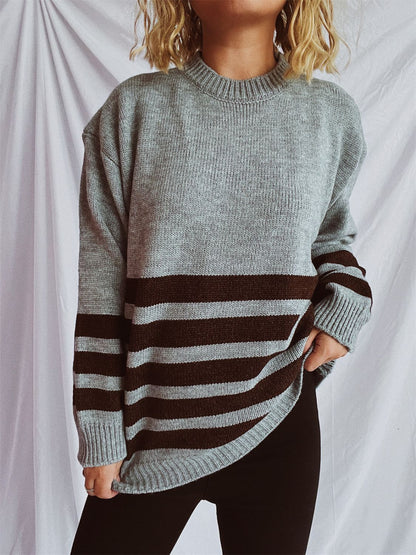 Striped Dropped Shoulder Long Sleeve Sweater-Angel Casuals