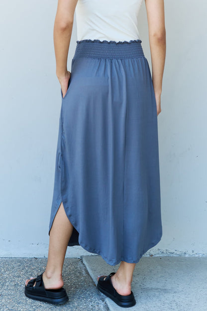 Doublju Comfort Princess Full Size High Waist Scoop Hem Maxi Skirt in Dusty Blue-Angel Casuals