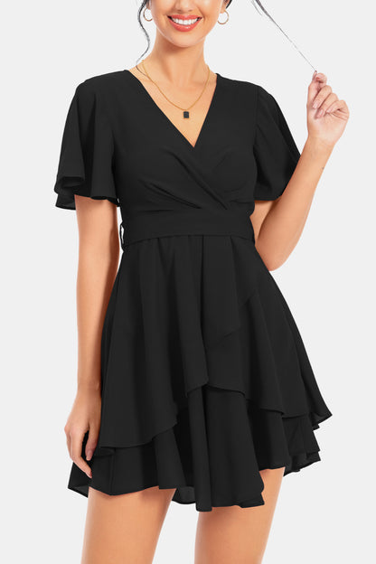 Surplice Neck Flutter Sleeve Dress-Angel Casuals