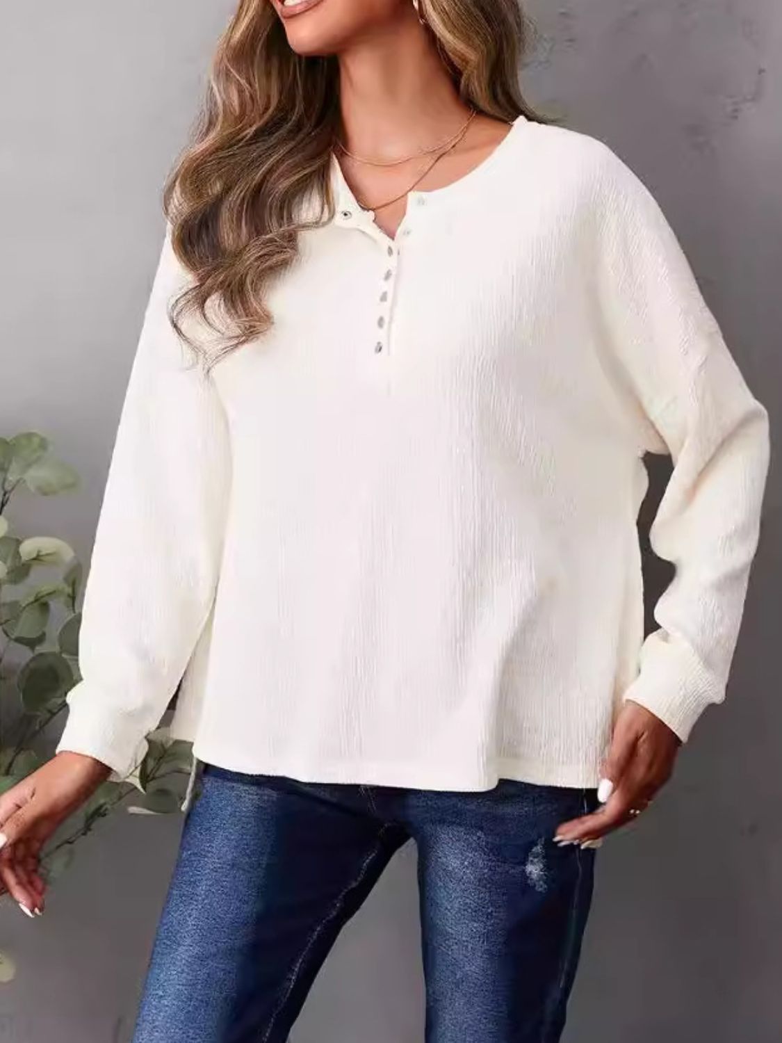 High-Low Quarter Snap Round Neck T-Shirt-Angel Casuals