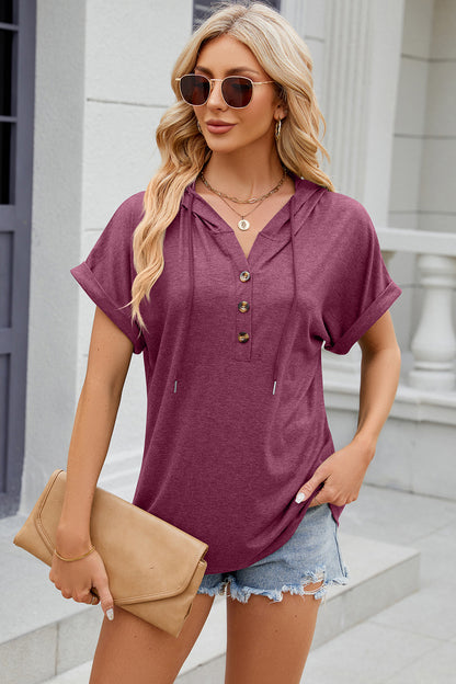Half Button Drawstring Short Sleeve Hooded T-Shirt-Angel Casuals