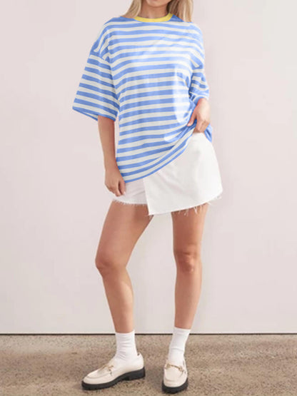 Striped Round Neck Half Sleeve T-Shirt-Angel Casuals
