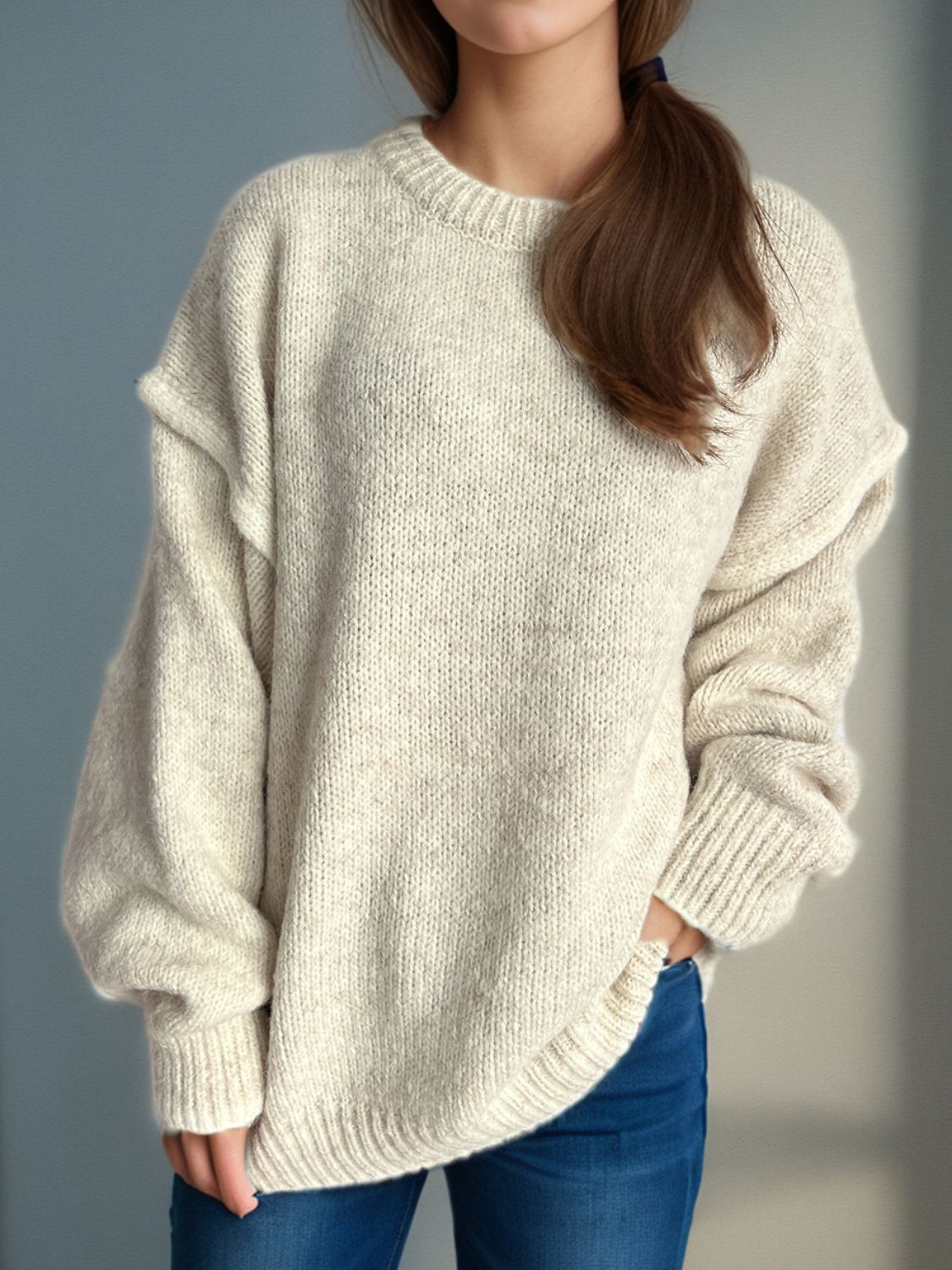 Contrast Trim Round Neck Dropped Shoulder Sweater-Angel Casuals