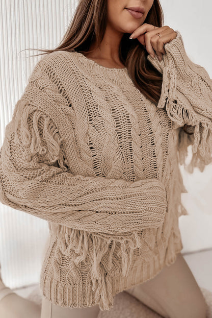 Cable Knit Fringe Round Neck Long Sleeve Sweater-Angel Casuals