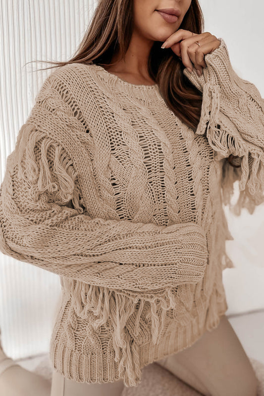 Cable Knit Fringe Round Neck Long Sleeve Sweater-Angel Casuals