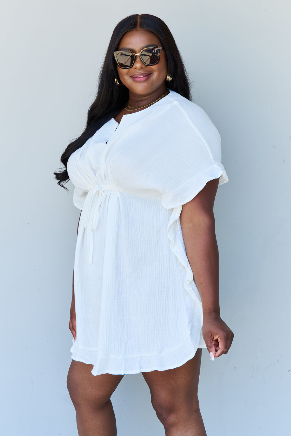 Ninexis Out Of Time Full Size Ruffle Hem Dress with Drawstring Waistband in White-Angel Casuals