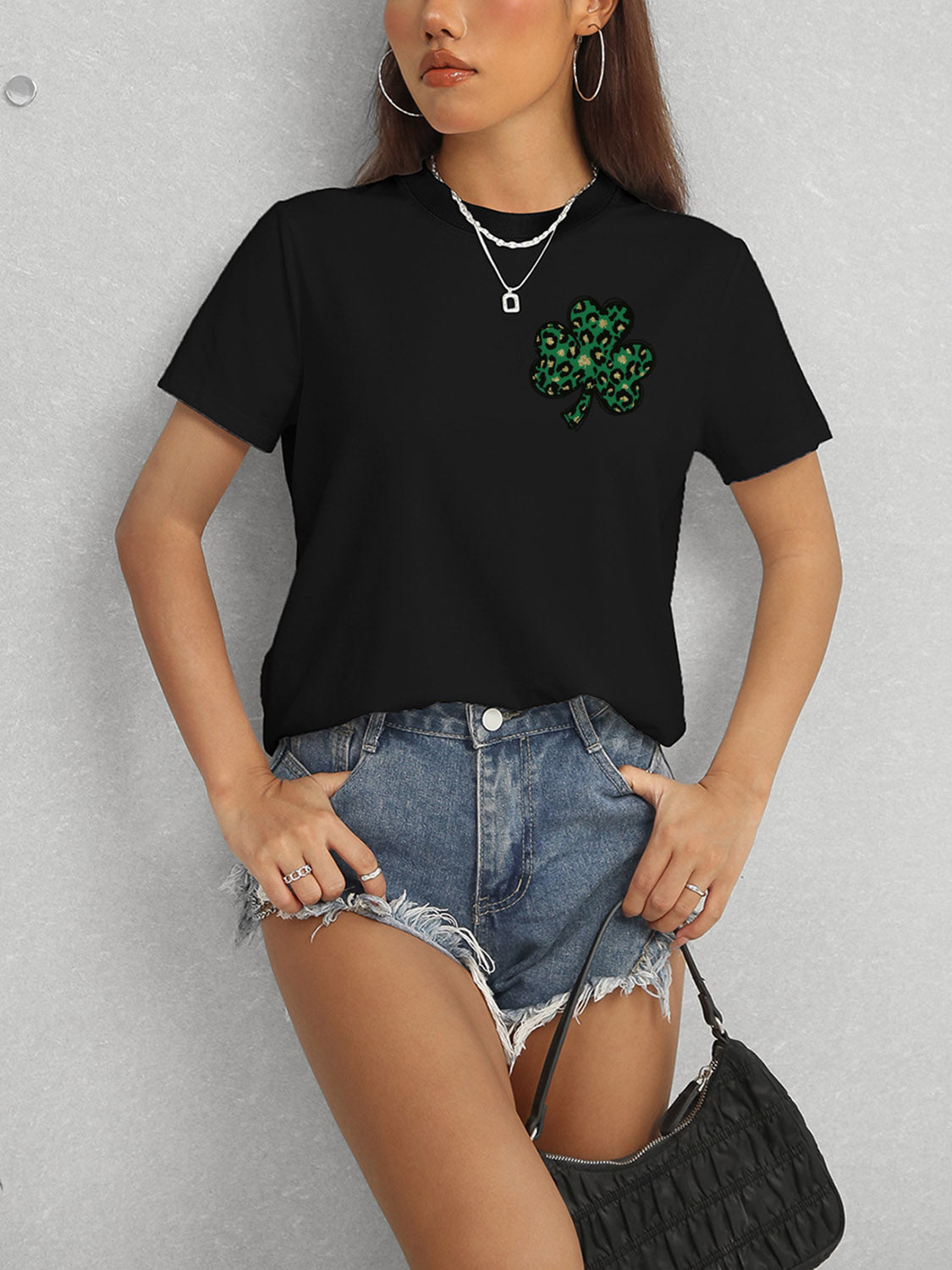 Lucky Clover Round Neck Short Sleeve T-Shirt-Angel Casuals