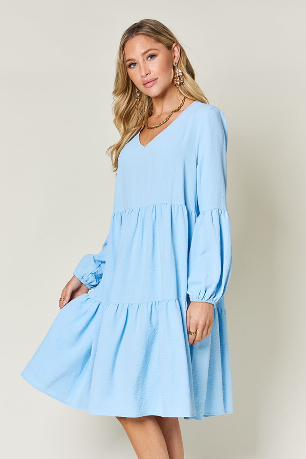 Double Take Full Size V-Neck Balloon Sleeve Tiered Dress-Angel Casuals