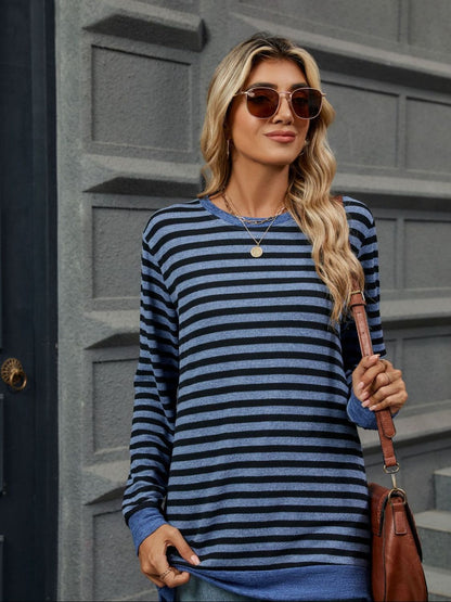 Striped Round Neck Long Sleeve T-Shirt-Angel Casuals