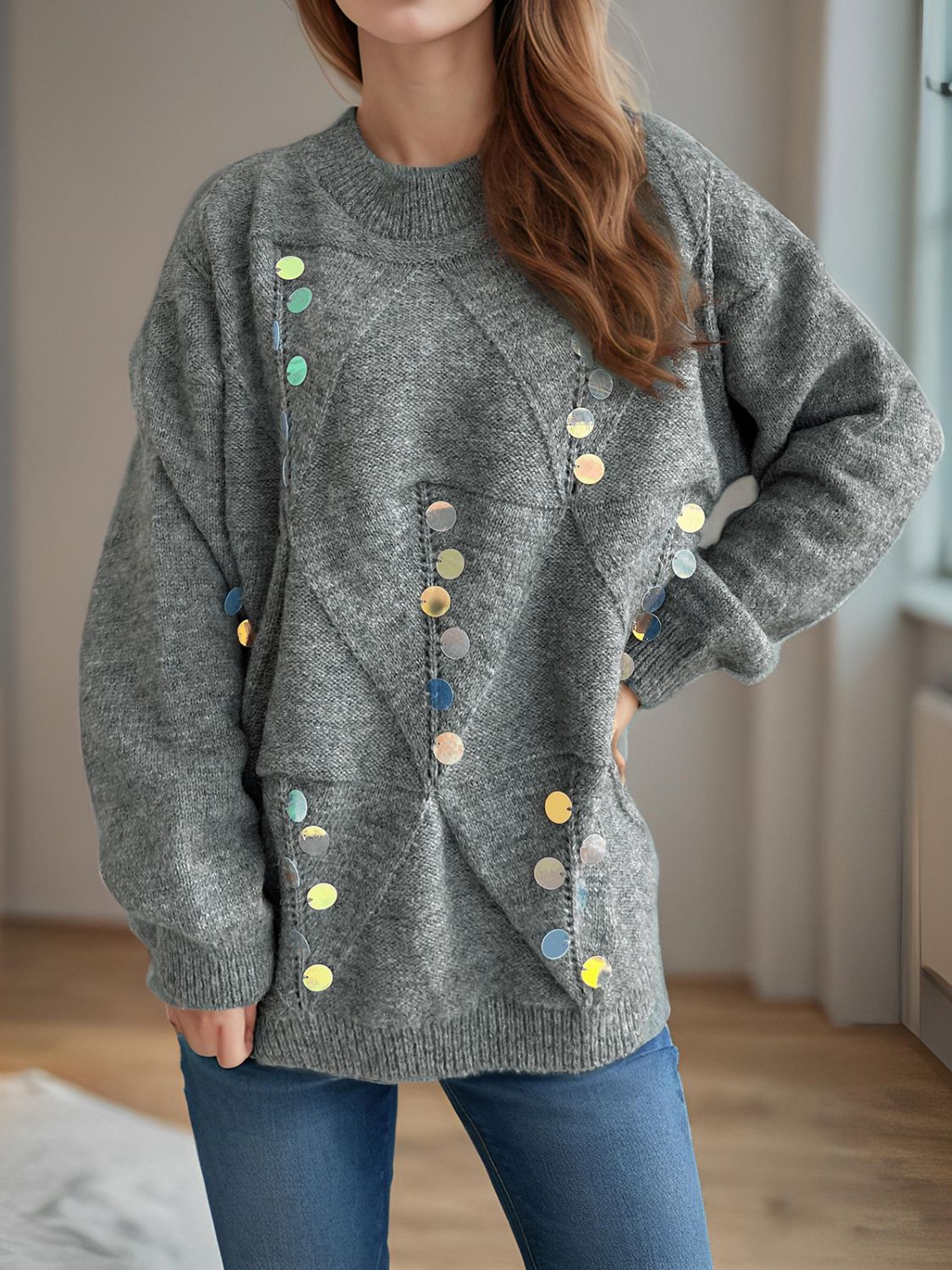 Sequin Mock Neck Long Sleeve Sweater-Angel Casuals