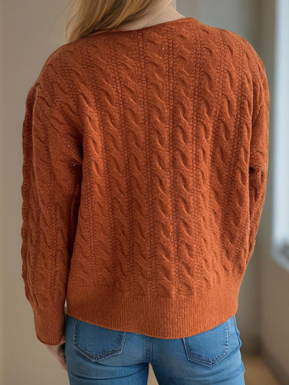 Cable-Knit Round Neck Long Sleeve Cardigan-Angel Casuals