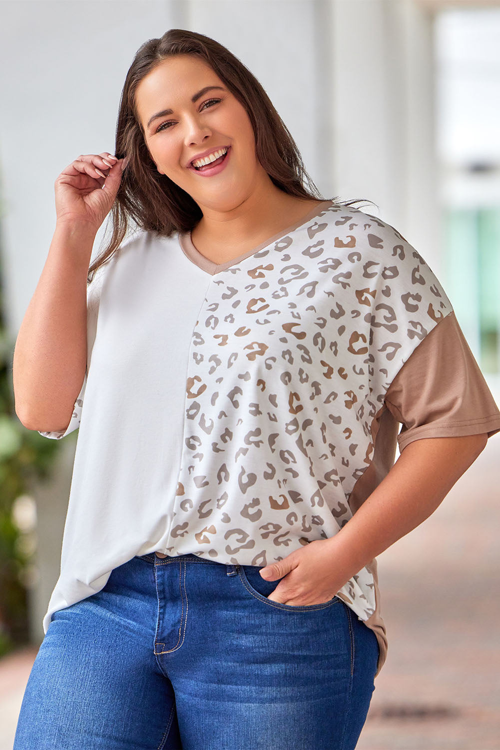 Plus Size Leopard V-Neck T-Shirt-Angel Casuals