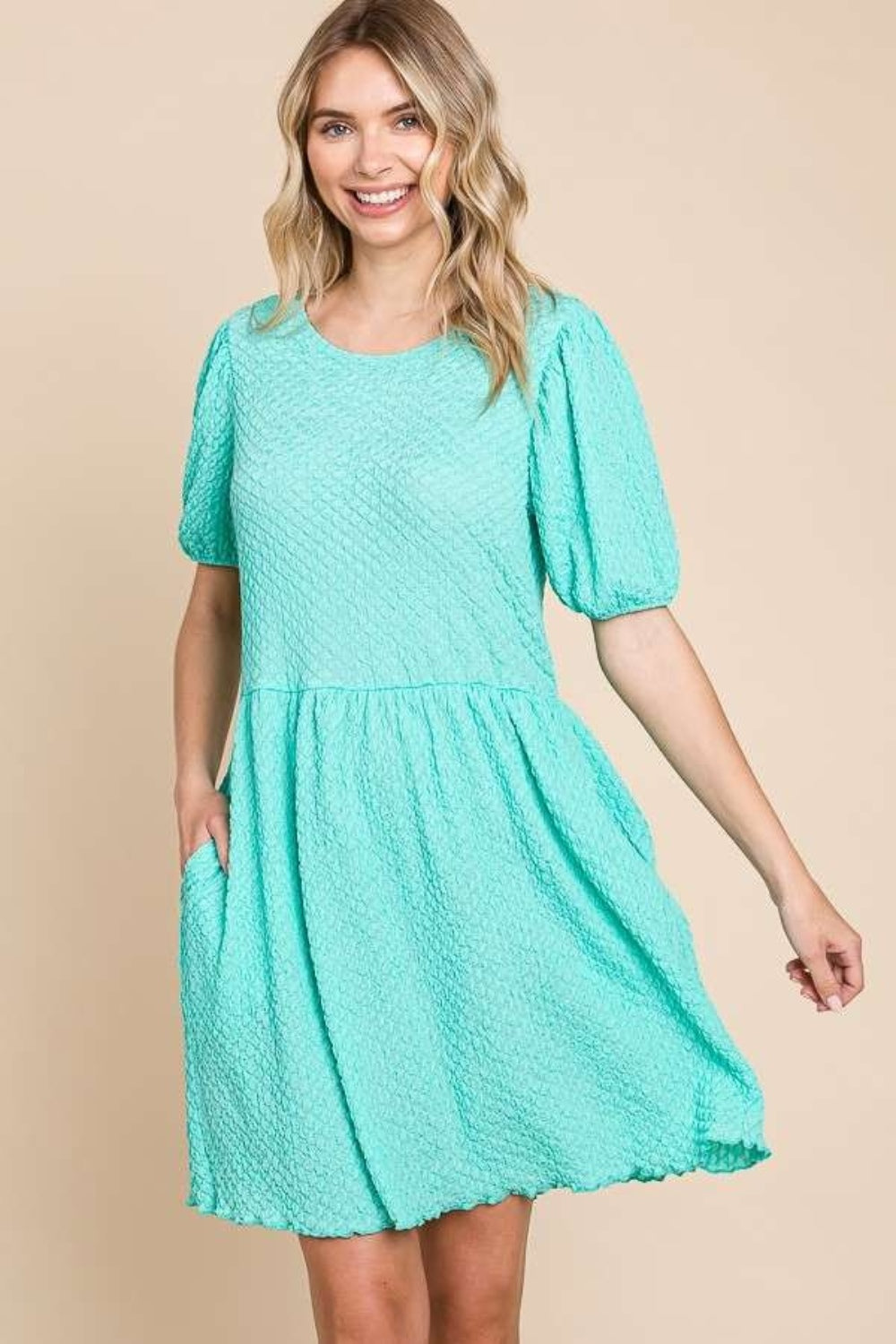 Culture Code Full Size Textured Round Neck Puff Sleeve Dress-Angel Casuals