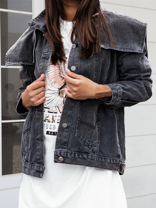 Collared Neck Button Down Denim Jacket-Angel Casuals