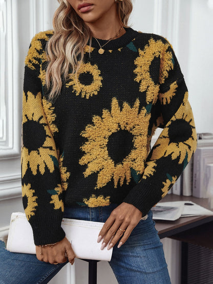 Sunflower Round Neck Long Sleeve Sweater-Angel Casuals