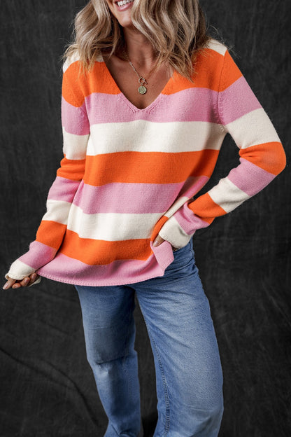 Color Block V-Neck Long Sleeve Sweater-Angel Casuals