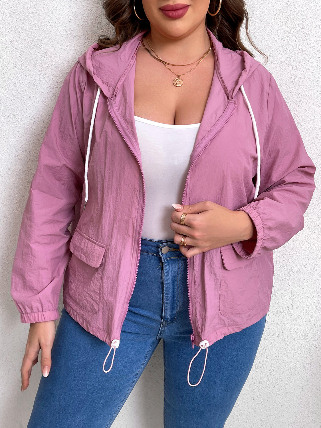 Plus Size Zip-Up Drawstring Hooded Jacket with Pockets-Angel Casuals