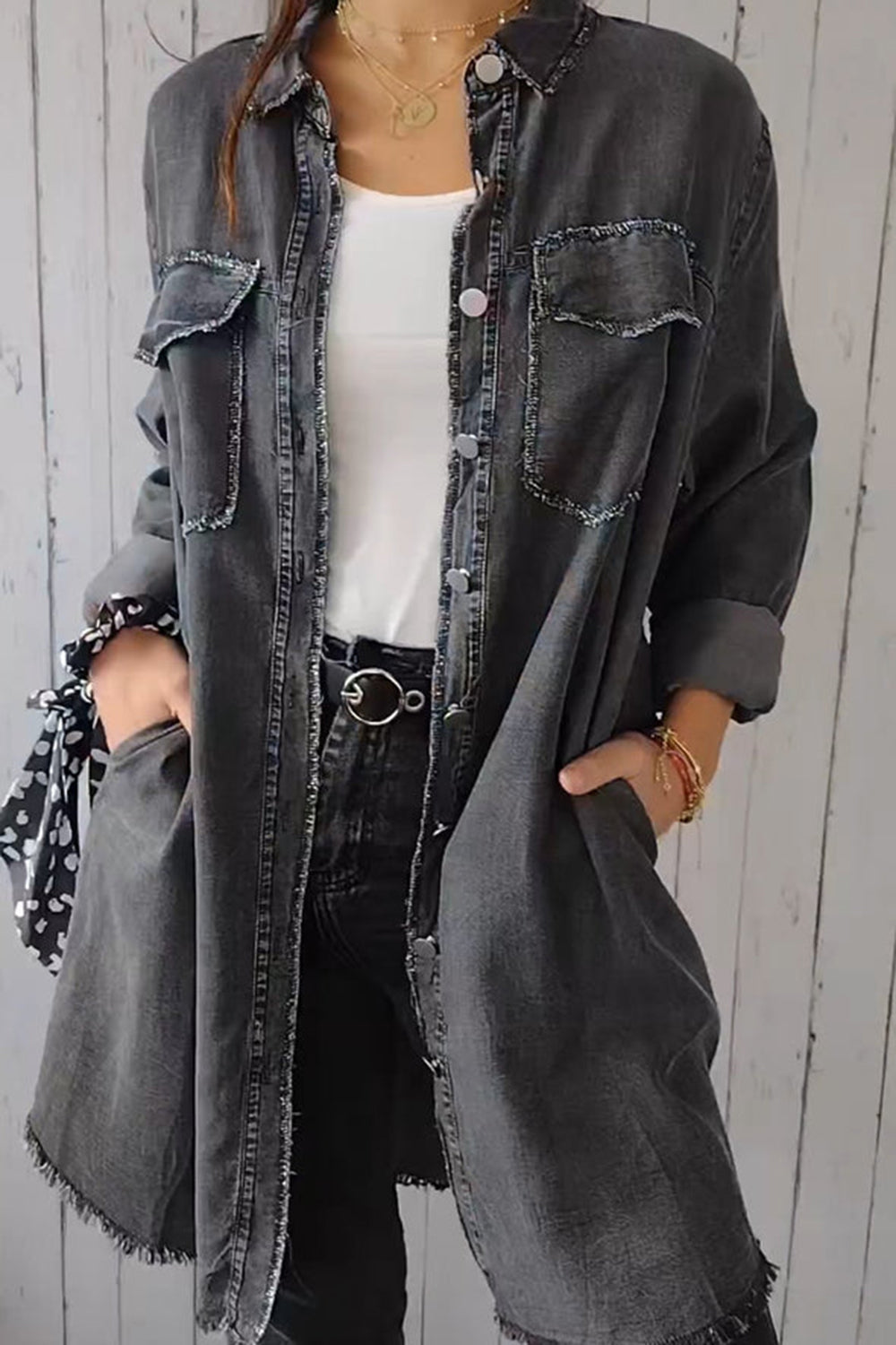 Full Size Pocketed Button Up Long Sleeve Denim Jacket-Angel Casuals