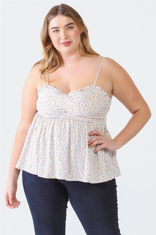 Zenobia Plus Size Frill Smocked Floral Sweetheart Neck Cami-Angel Casuals