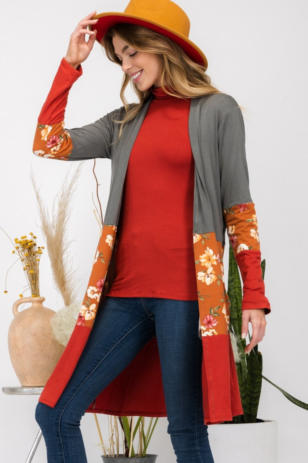 Celeste Full Size Floral Color Block Open Front Cardigan-Angel Casuals