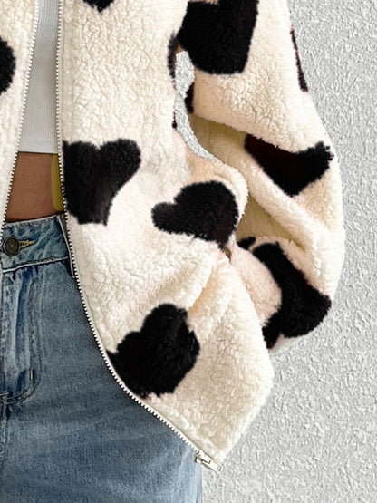 Heart Zip Up Drop Shoulder Furry Jacket-Angel Casuals