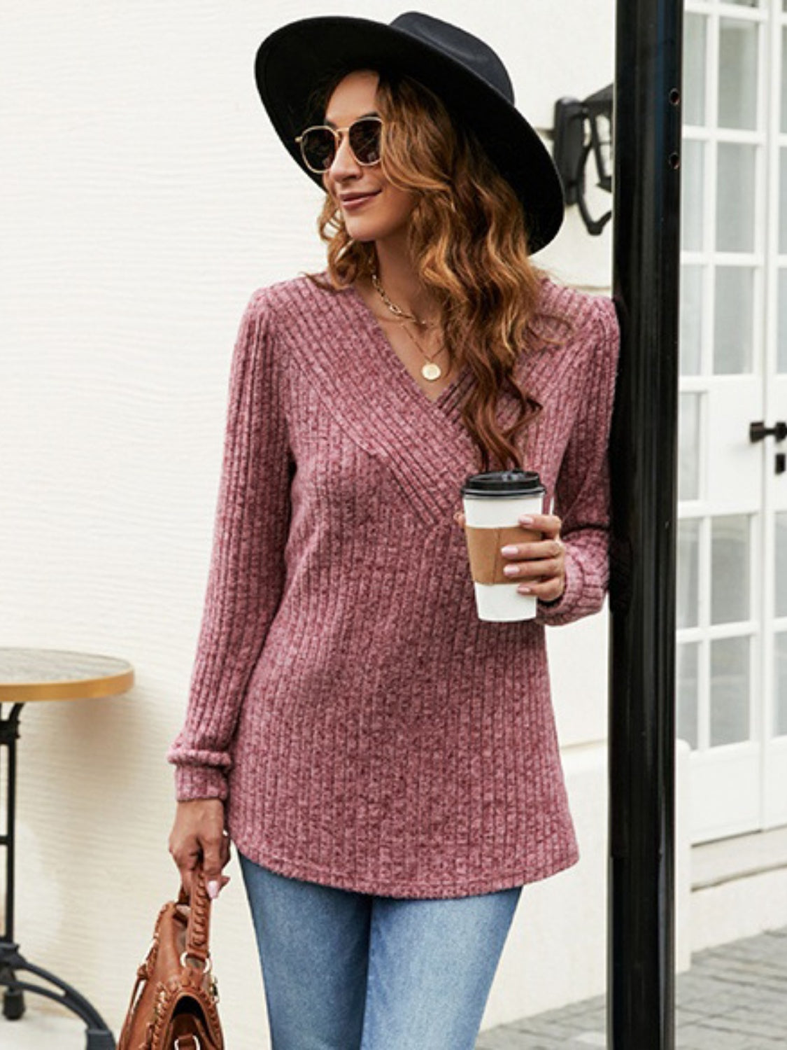 Ribbed Surplice Long Sleeve T-Shirt-Angel Casuals