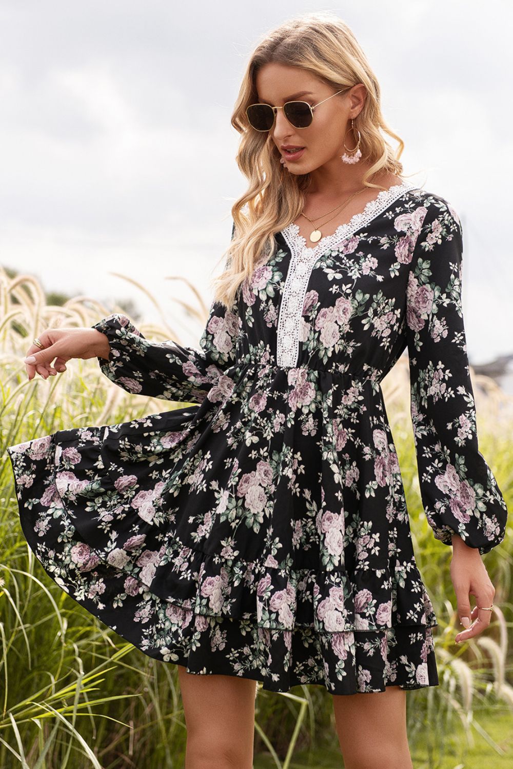 Floral Lace Trim Long Sleeve Dress-Angel Casuals